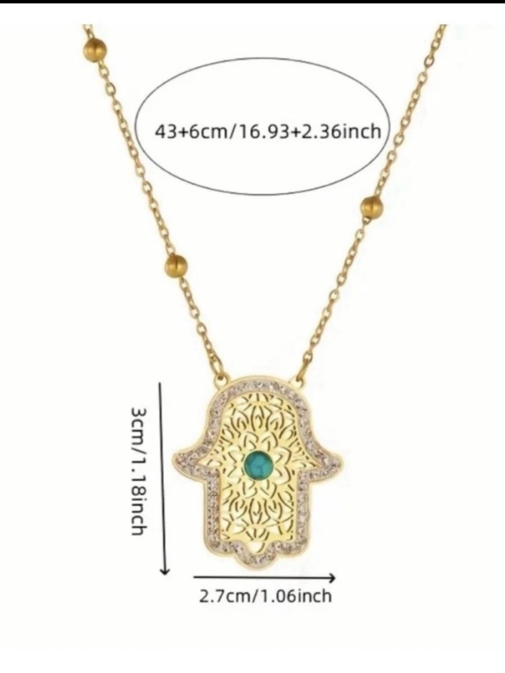 Gold Hamsa Hand Pendant Necklace and Earrings Set with Faux Turquoise Accent - Picture 4 of 4